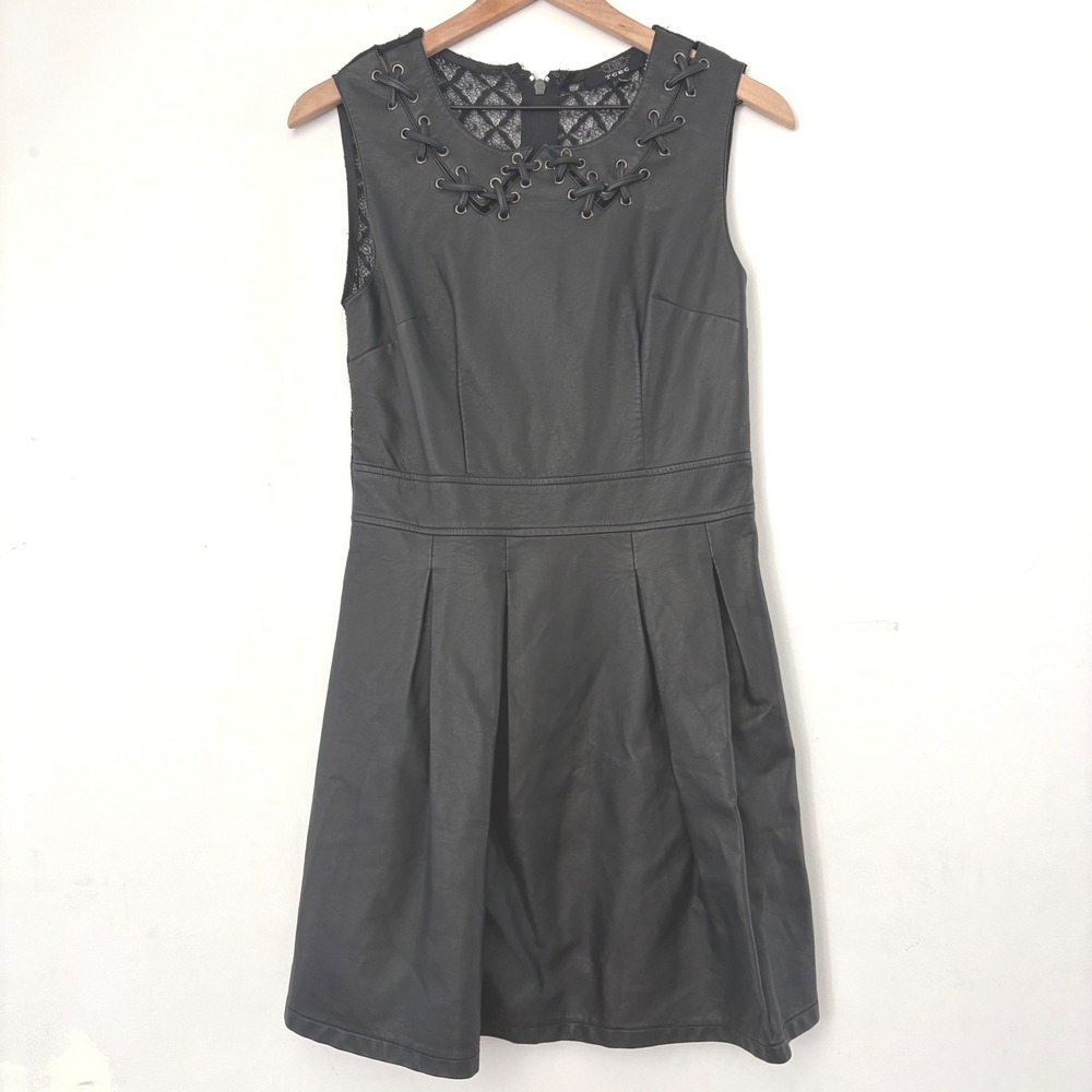 Black Faux Leather Pleat Dress Lace Back‎ Lace Up Neckline Goth Grunge Women L